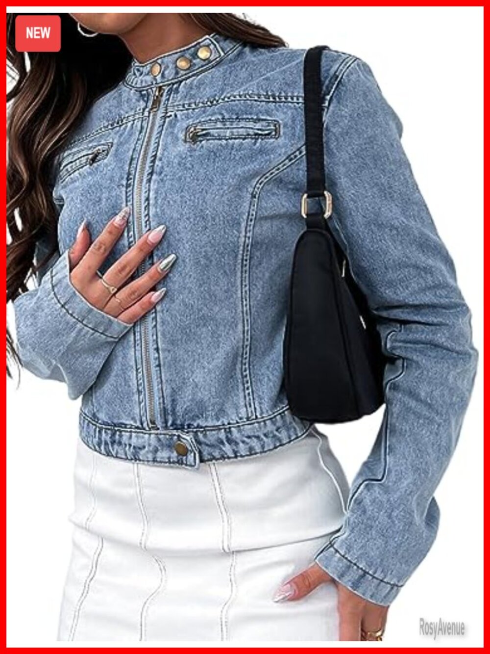 Women's Stretchy Cropped Denim Jean Jacket Zip Front Moto Short Light